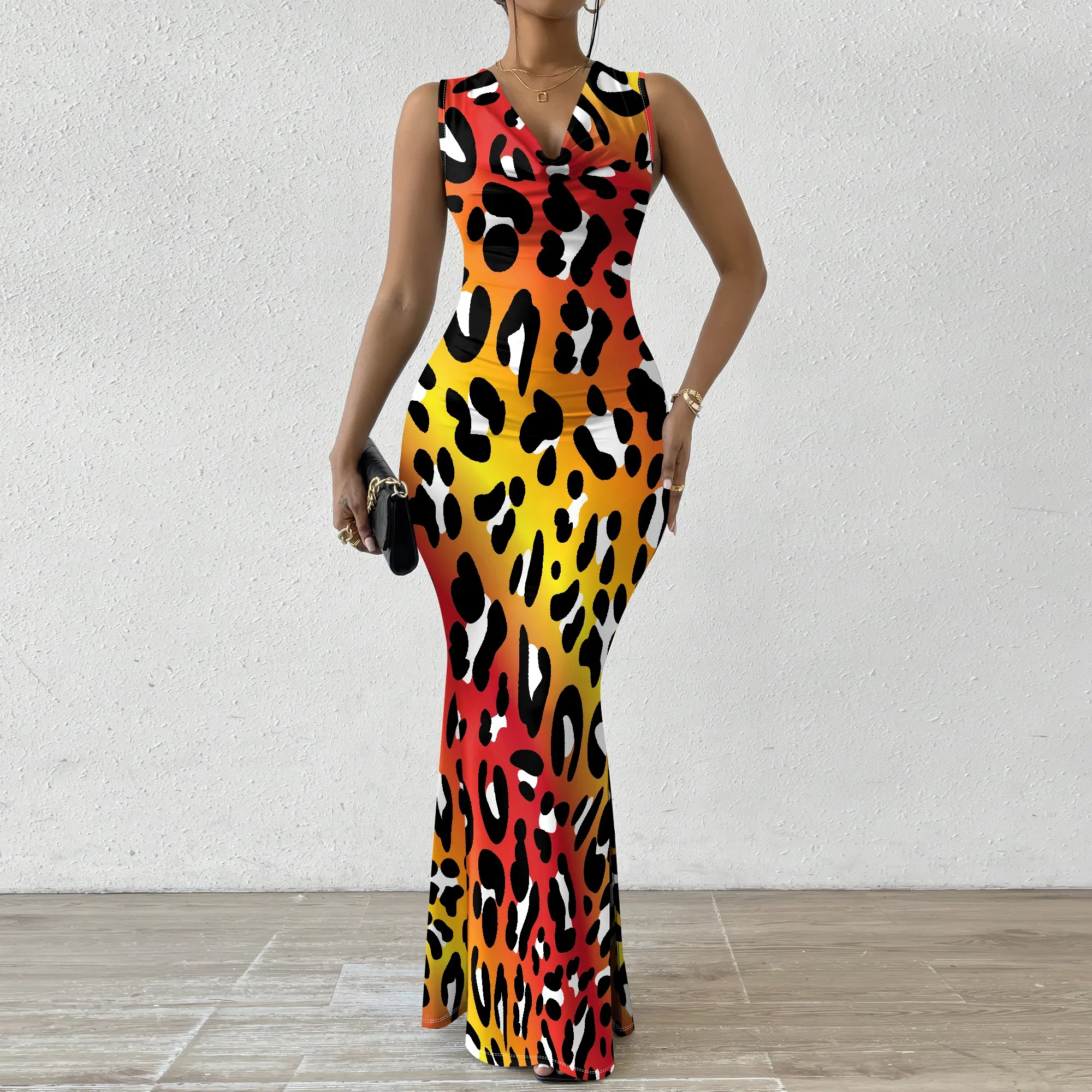 

Women's Ombre Leopard Print Mermaid Dress Sexy Sleeveless Cowl Neck Party Club Gown XS-2XL