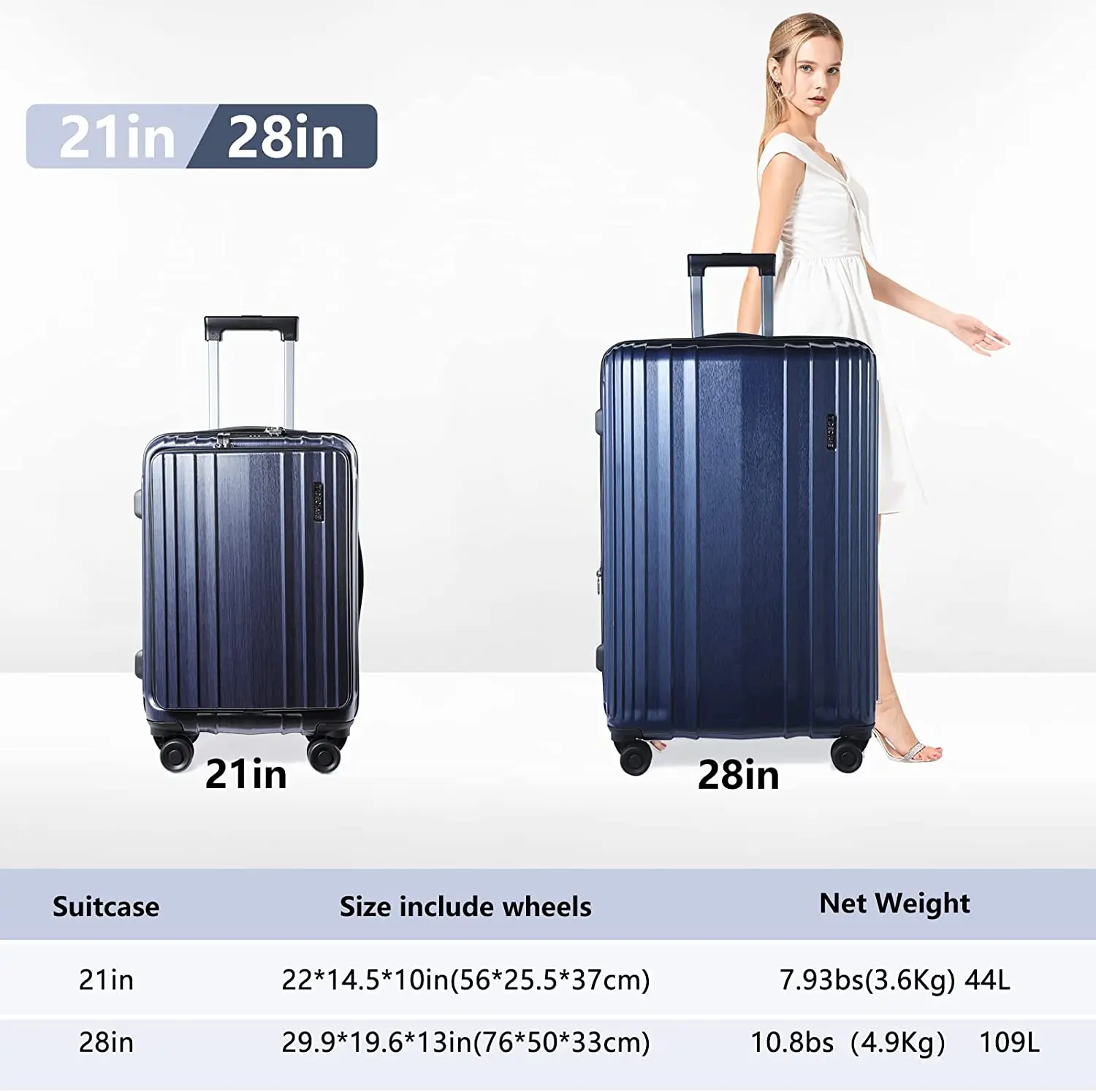 Ensemble de bagages avec poche avant pour ordinateur portable, extensible, ABS et PC, valise rigide légère, roues tournantes, serrure TSA, bleu, 21/28, 2 pièces