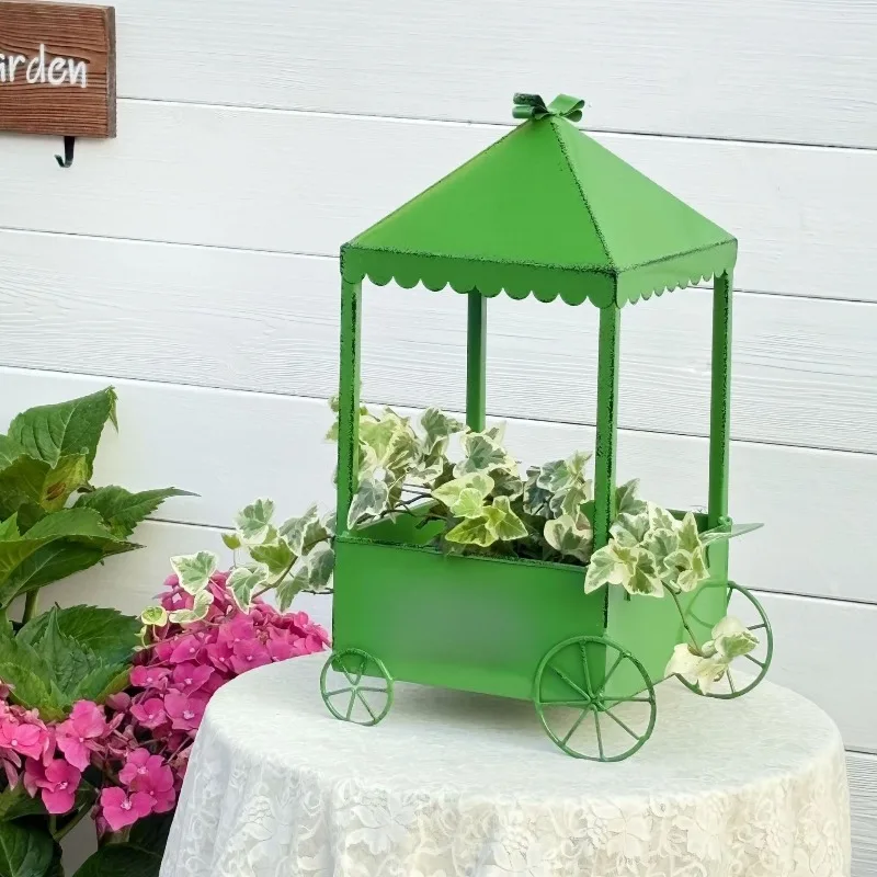 Universal Vintage Wrought Iron Flower Cart Portable 4-Wheel Planter Pot Stylish Garden Patio Balcony Home Decoration Ornament