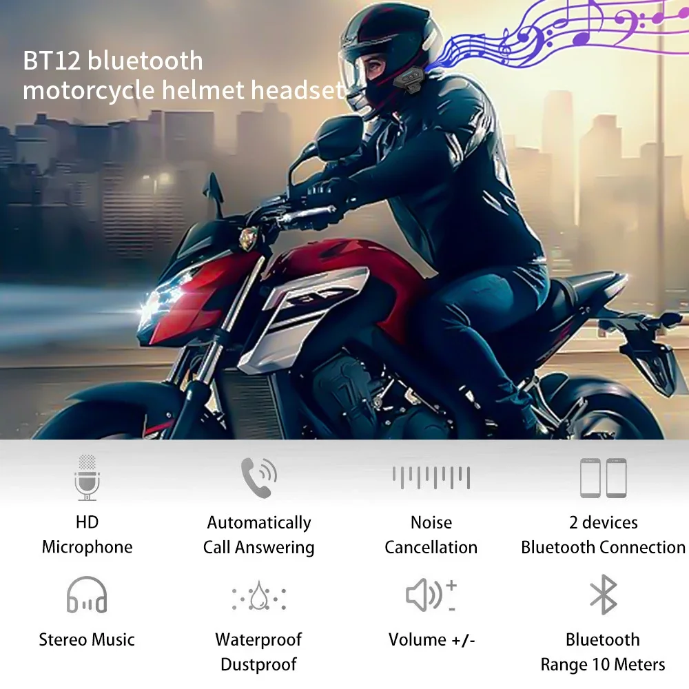 BT12 Motorcycle Helmet Headset Wireless Moto Stereo Interphone Handsfree Mic Headphones Music Player For Motorbike Rider