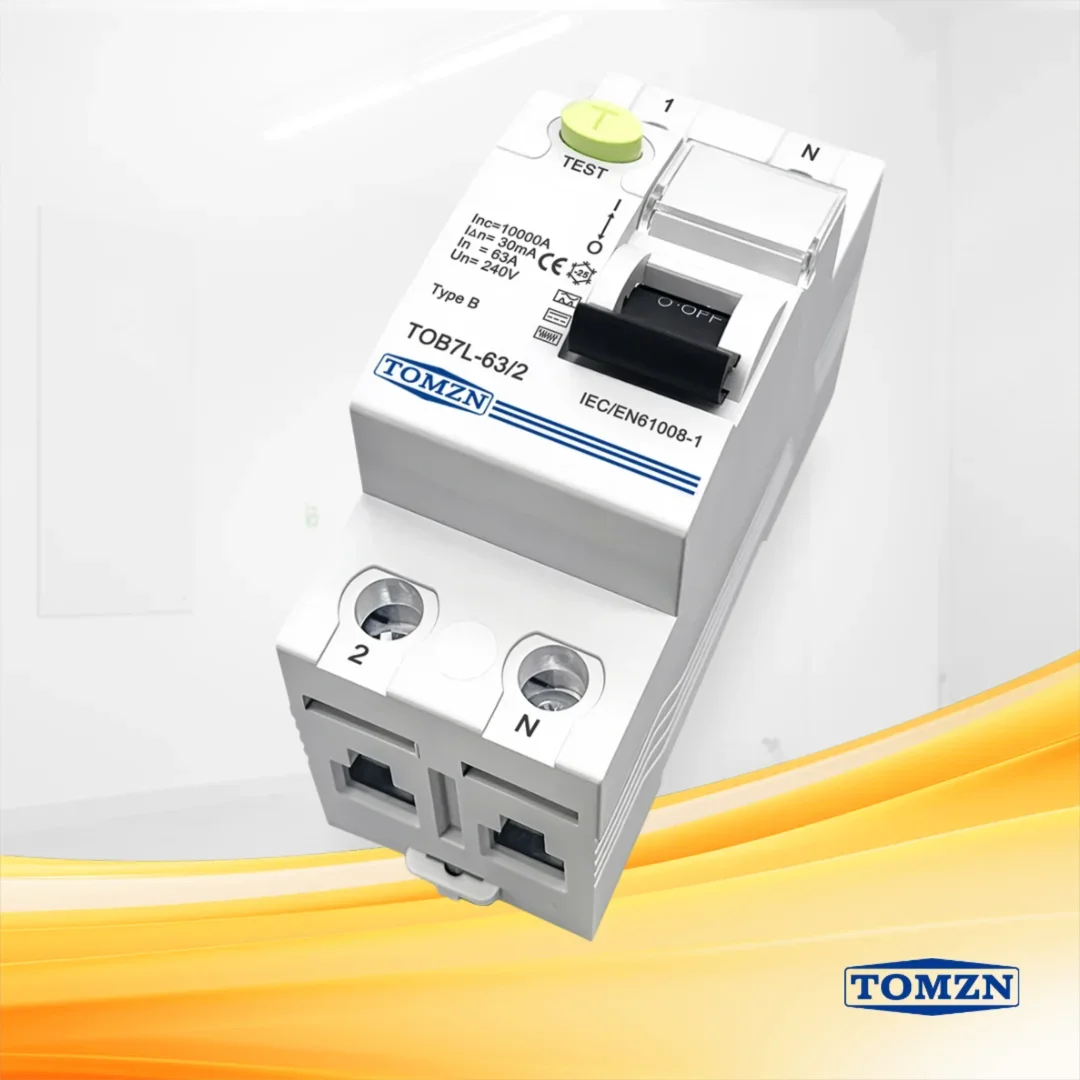 TOMZN TOB7L Type B RCCB Residual Current Circuit Breaker2P 63A30 100 300mA Single Phase Electromagnetic Leakage Breaker DIN Rail