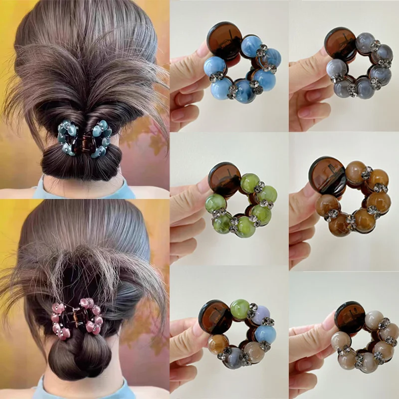 マルチカラーエレガントラインストーンスモールヘアクリップ レディース 韓国風ボールヘッドヘアクロウ ファッションガール バックオブザヘッドポニーテール