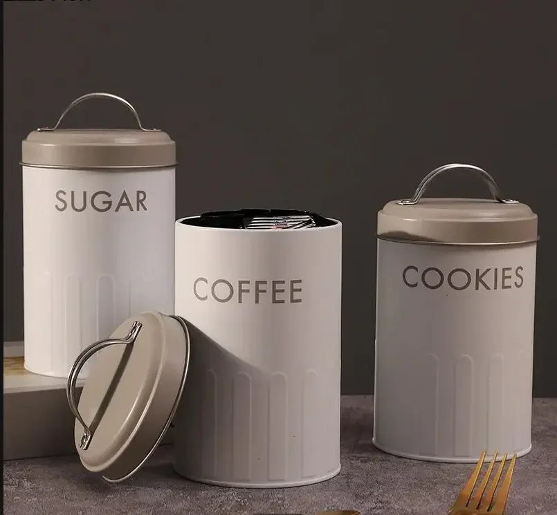 

Iron Metal with Lid Sealed Can Moisture-proof Coffee Storage Box Home Food Organizer Sugar Tea Container 3-piece Set