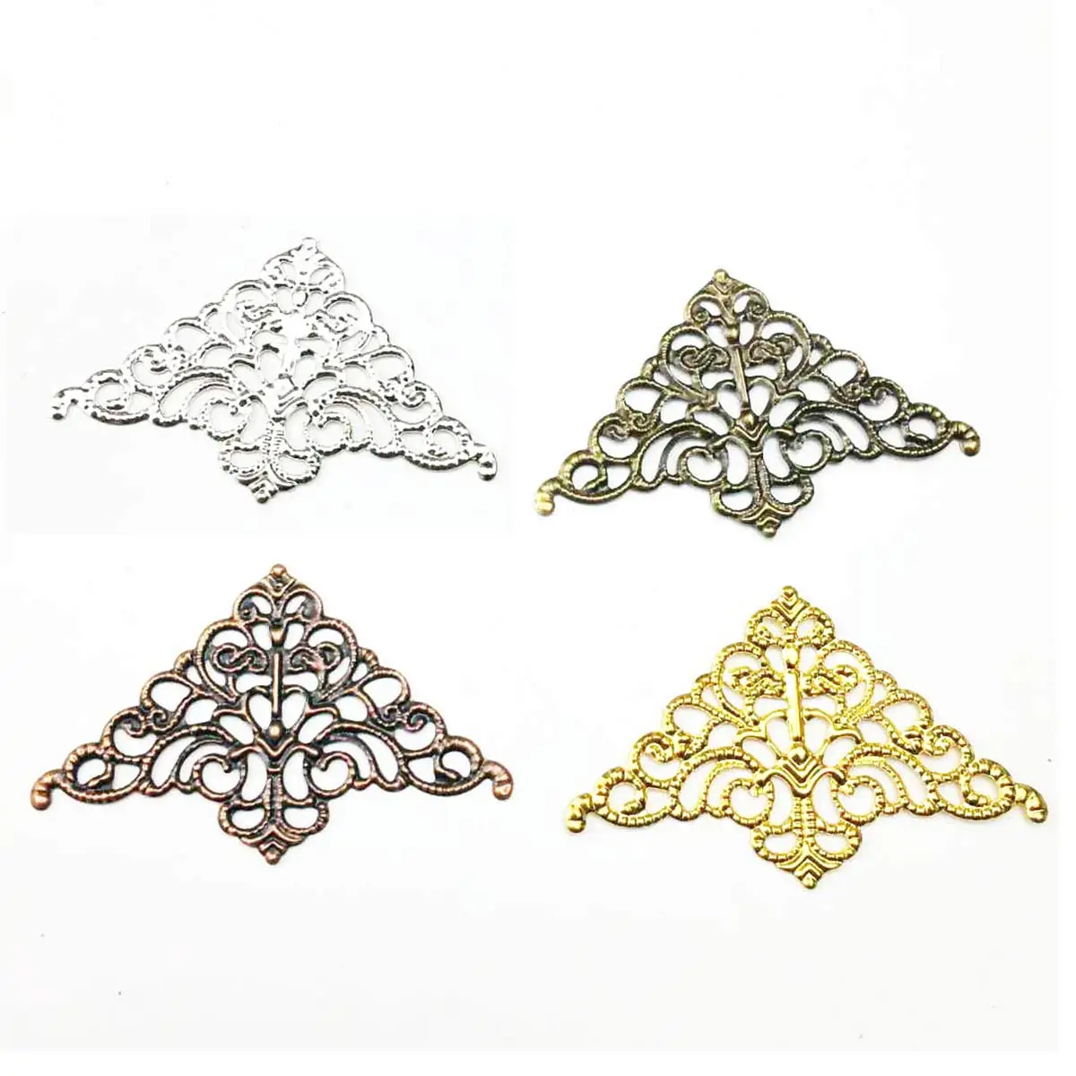 200PCS Hollow Connector Triangle Filigree Wraps 32x51mm Metal Embellishments 4 Colors for DIY Headwear Jewelry Crafts Accessorie