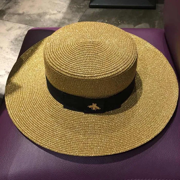 Ladies Shiny Straw Sun Hat European American Retro Gold Braided Female Sunshade Flat Sequins Hat for Women