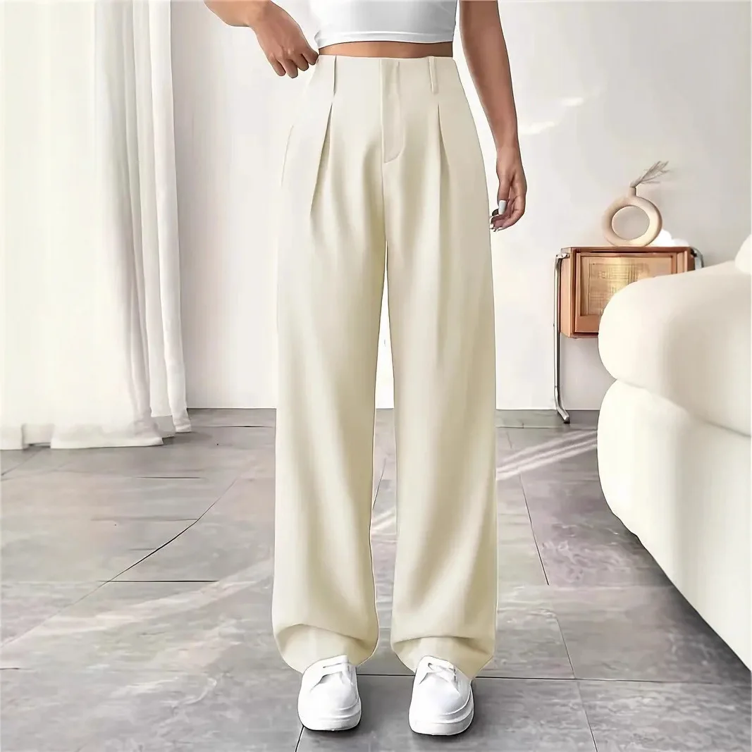 Damen High-Waist Straight-Leg Hosen Slim Fit Einfarbige Plissierte Anzughosen mit Taschen Büro Klassische Freizeithosen – Detail 12