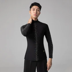 Latin Dance Clothing Male Black Long Sleeves Tops Adult Ballroom Dance Shirts Latin Performance Costume Crystal Tops Red BL8467