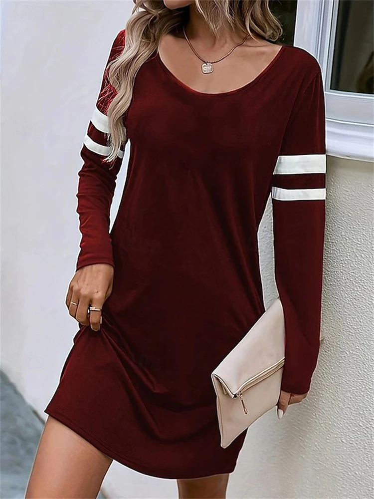 Women's Mini Slim Dress Colorblocked Round Neck Elegant Dresses Casual Tunic Dress Garnet Red Polyester Knit Long Shift Dress