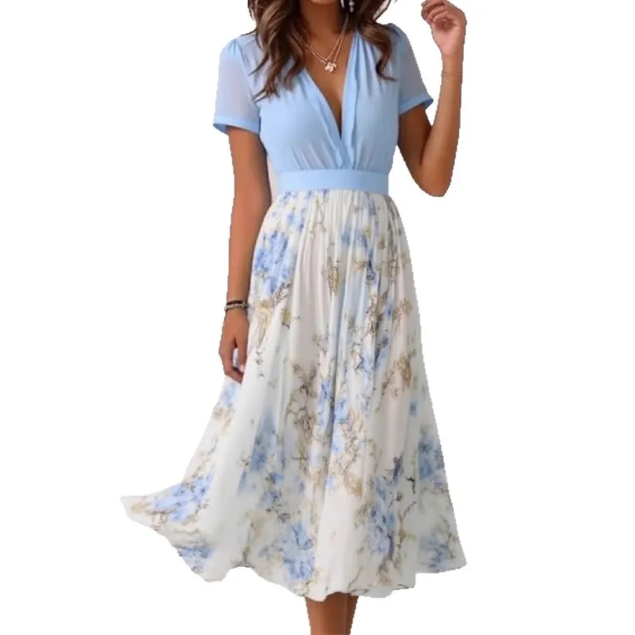 Indian Saree Woman Dress Puff Sleeve V Neck Printed Dresses Wrap A Line Maxi Dress Bubble Sleeve Floral Print Long Dress - view 3