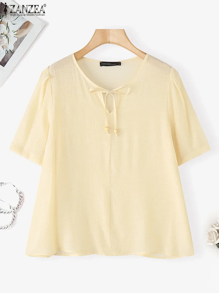 ZANZEA Damska Casualowa Bluzka Modne Koszule Krótki Rękaw Dekolt O-Neck Bandaż Tunika Top 2025 Lato Luźna Jednolita Kolor Elegancka Bluzka