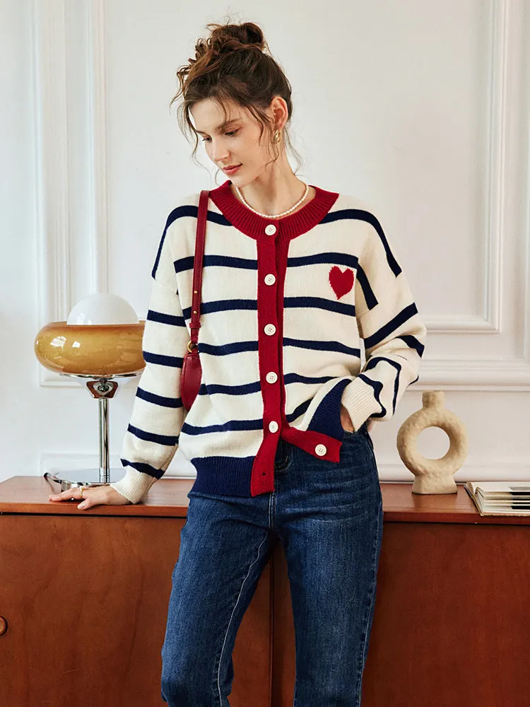 Cozy Striped Knit Cardigan with Red Heart Detail – Casual Button-Up Sweater for Women, Soft & Stylish Autumn/Winter Outerwear