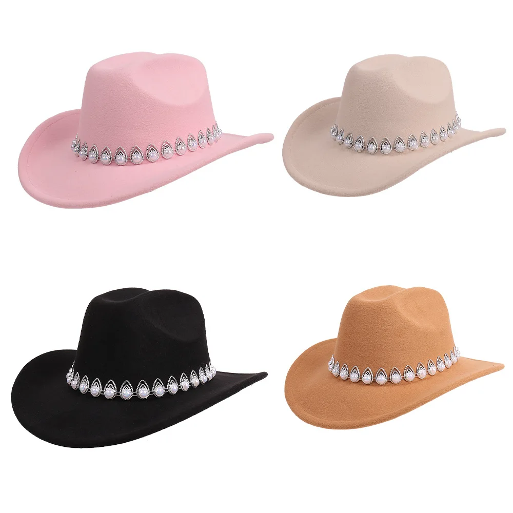 Solid Color Cowboy Jazz Hat with Pearl Chain Decoration Retro Versatile Western Top Hat for Women Wedding Match Daily Outgoing