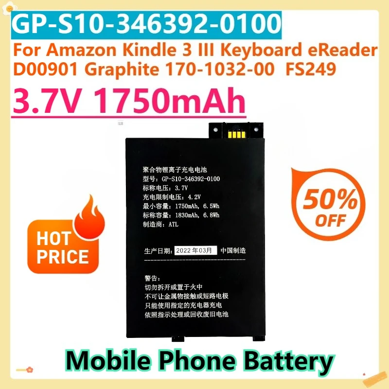 For Amazon Kindle 3 III Keyboard eReader D00901 Graphite 170-1032-00  FS249 3.8V 1750mAh GP-S10-346392-0100  Battery