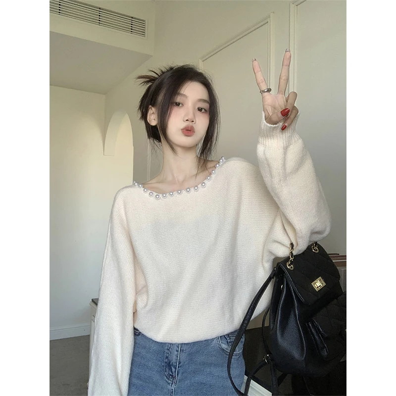 O-neck Long Sleeve Diamonds Sweater Women Autumn Winter Solid Color Knitting Bottoming Shirt All-match Casual Knitwear Tops