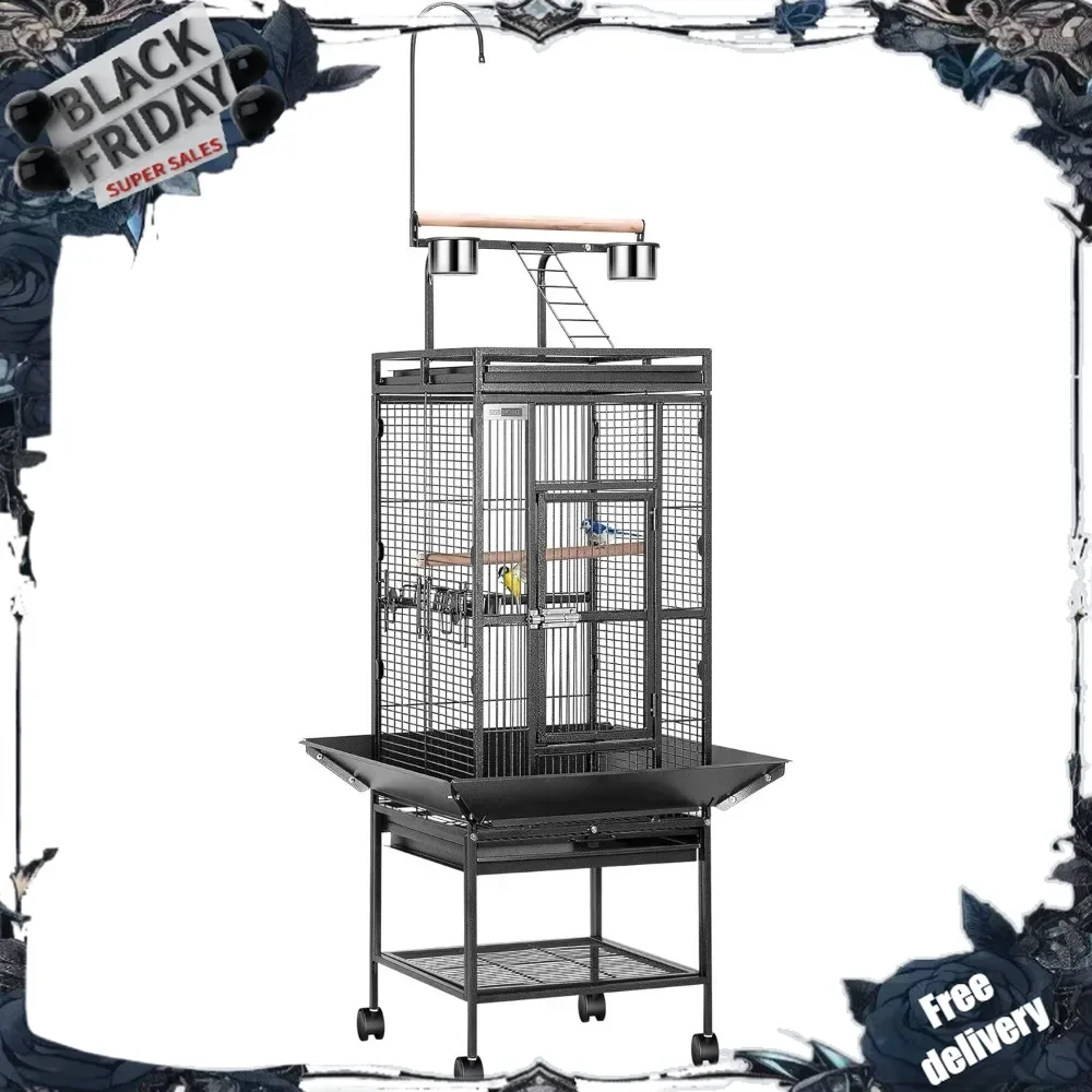 72 Inch Wrought Iron Large Bird Cage with Play Top and Stand for Parrots Lovebird Cockatiel Parakeets Black