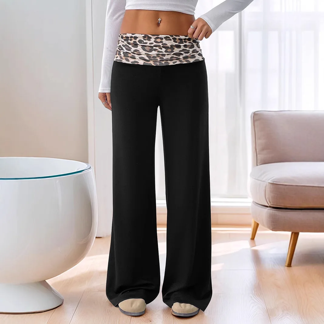 Chic Autumn Winter Home Leisure Style Mopping Trousers Flanged Contrast Color Leopard Print Splicing Wide-leg Trousers Women Y2K