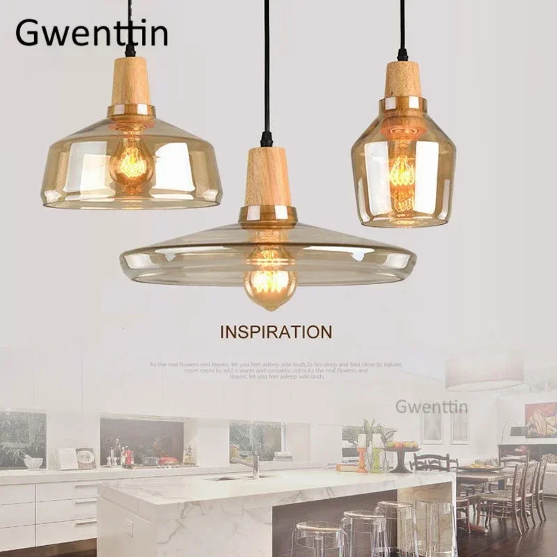 Modern Wood Pendant Lights Glass Loft Industrial Decor Nordic Hanging Lamp Luminaire for Dinning Living Room Lighting Fixtures