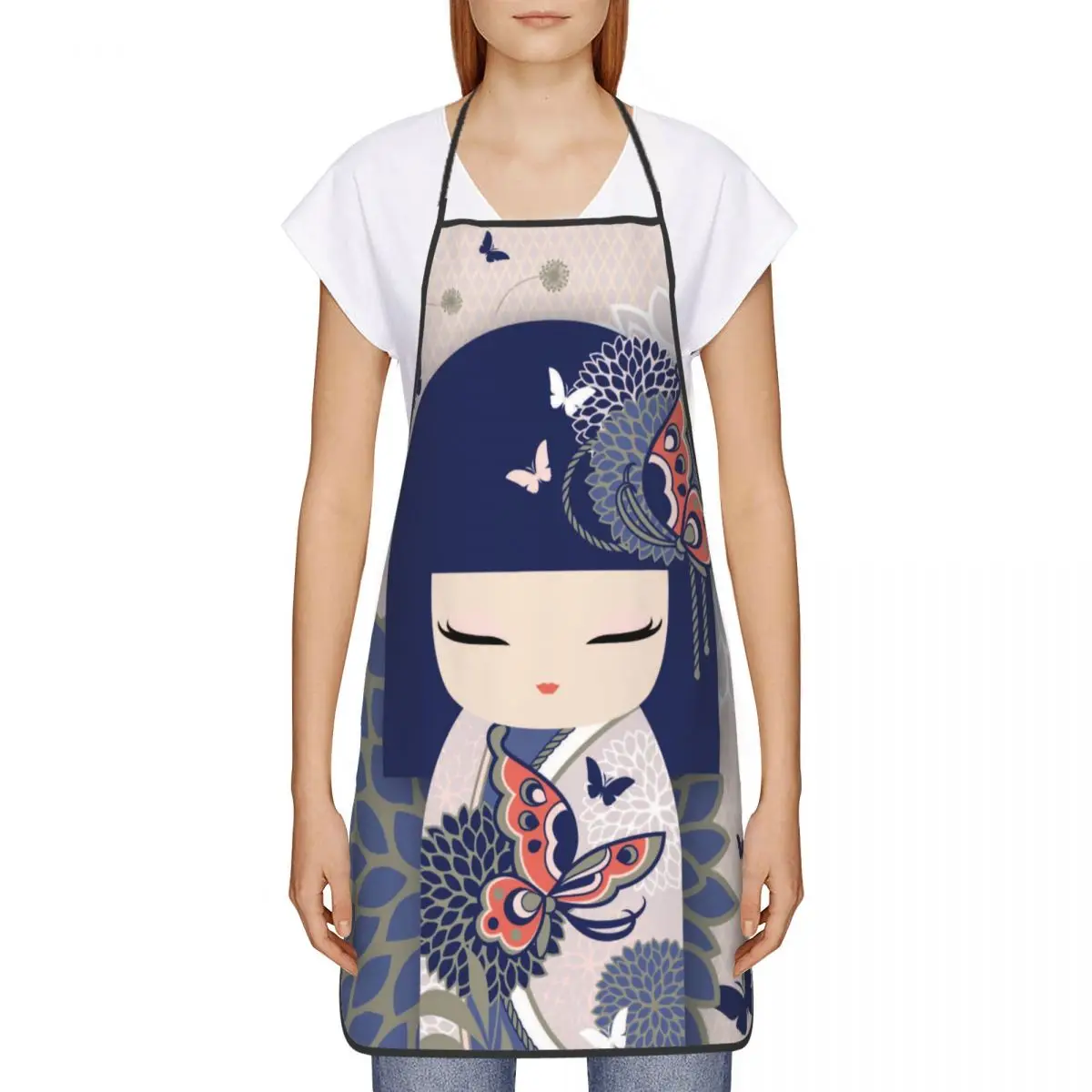 Custom Bib Kokeshi Doll Cherry Blossoms Apron Unisex Chef Kitchen Cooking Japanese Kimono Geisha Girl Tablier Cuisine Painting