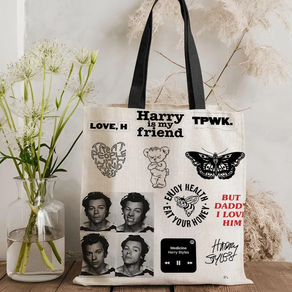 

Harry Styles Storage Bags Canvas Double-Sided Print Tote Bag Large Capacity Shoulder Fashion Shopping Handbag