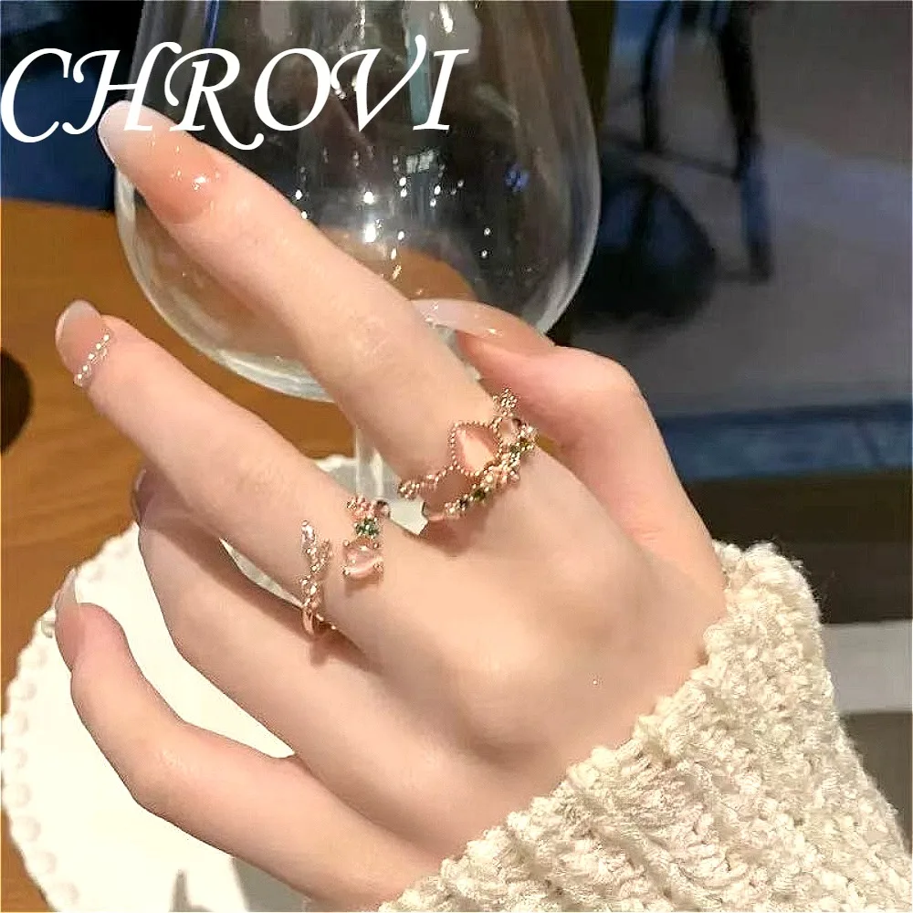 Sweet 925 Sterling Silver Pink Heart Cat's Eye Double-Layer Stackable Ring for Women with Versatile High-Quality Cubic Zirconia