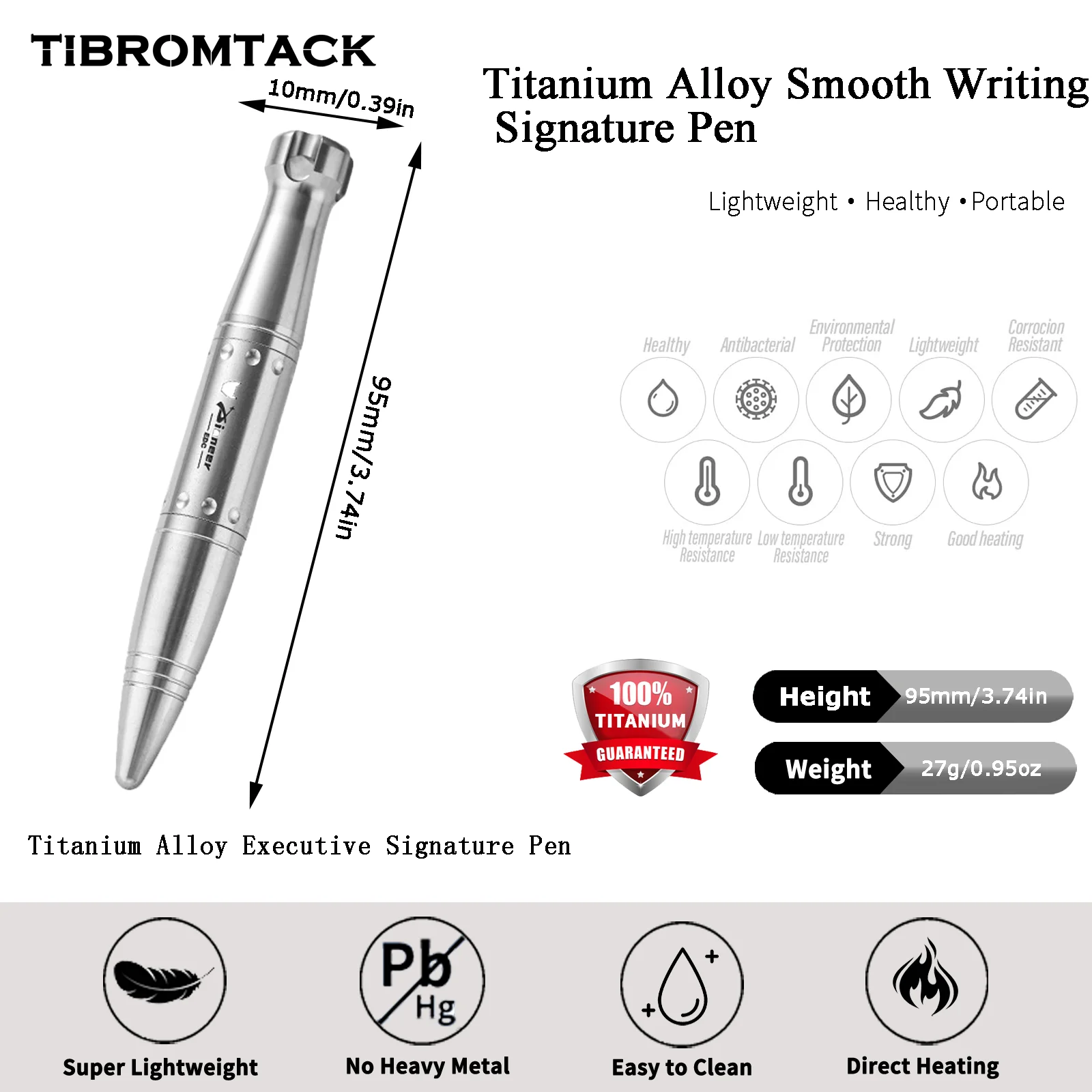 TIBROMTACK Pure Titanium Bolt Action Pen - 95mm/3.74in 27g Titanium Pen | Steel-Strength Pen for Signing & Calligraphy Practice