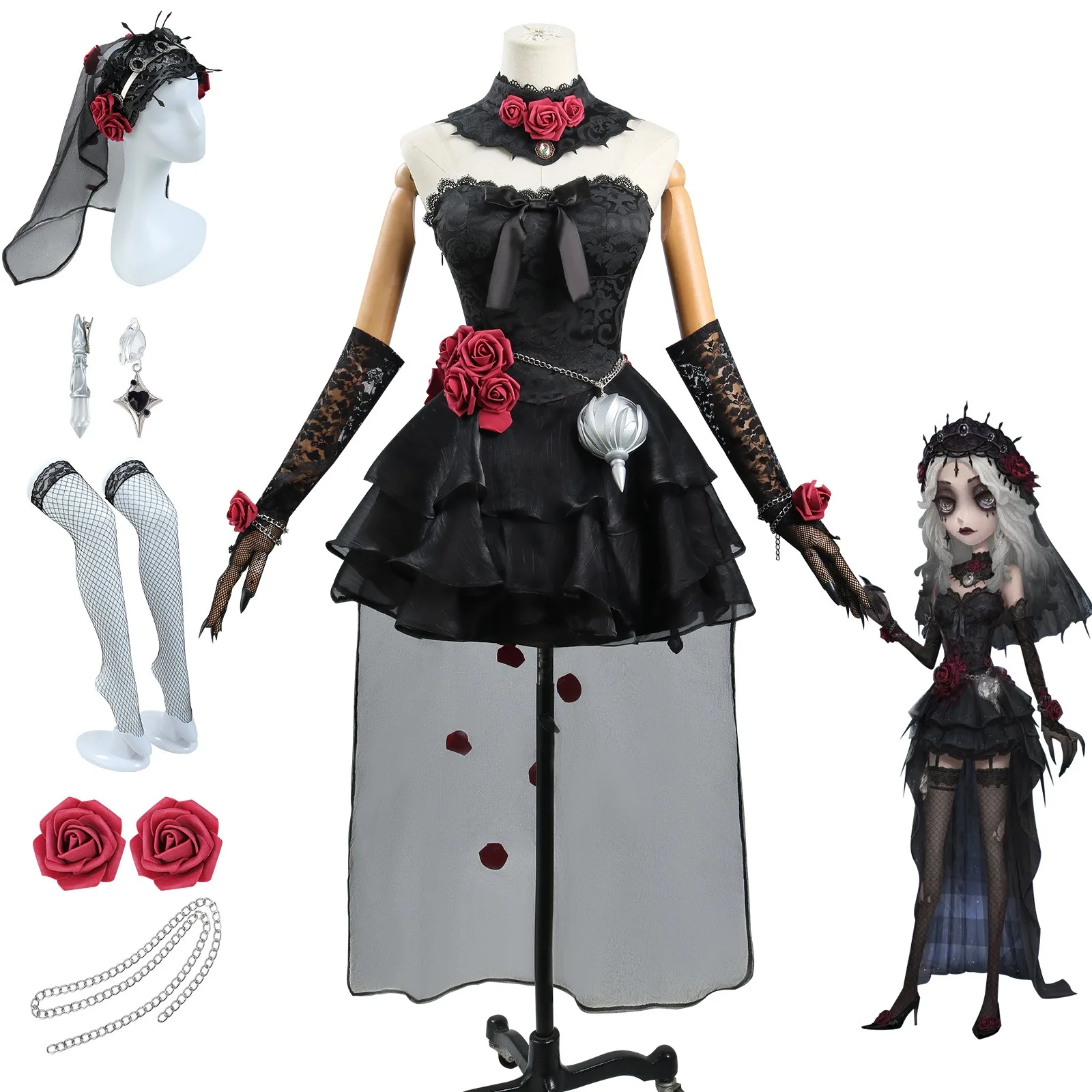 IDV 심리학자 코스프레 블랙 레이스 Ideneity V 심리학자 블랙 드레스 여성 고딕 민소매 의상 코스프레 할로윈