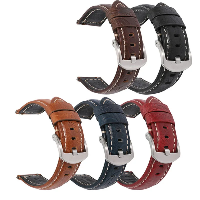 Top Layer Cowhide Genuine Leather Watch Strap 20MM 22MM 24MM 26MM Exquisite Embossed Watch Band Quick Release Wrist Bracelet