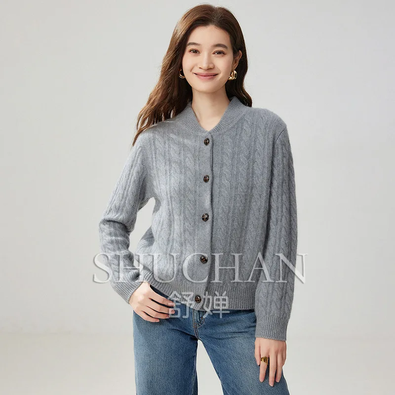 Autumn and Winter New 600g Women's Knitted Cardigan Jacket Loose Soft Waxy Skin-friendly Crew Neck Twisted Sweater