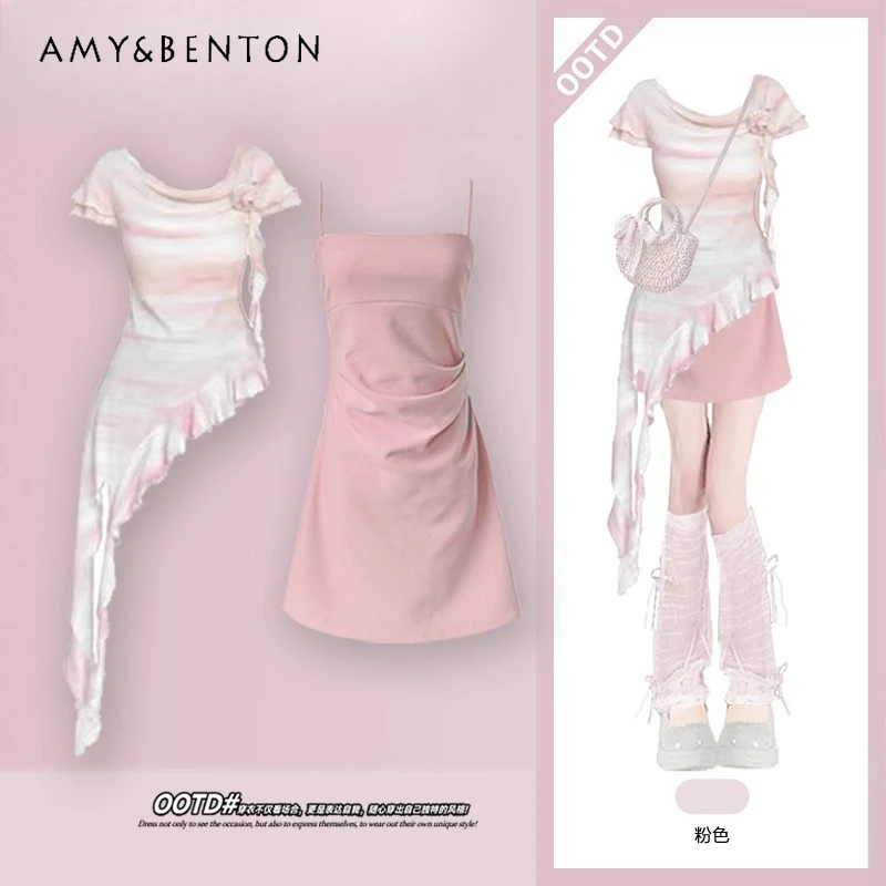 

Лето 2025 г., розовое платье во французском стиле с высокой талией, облегающее платье на бретелях, красочный топ нестандартной формы, универсальная повседневная пышная юбка, юбка, брюки