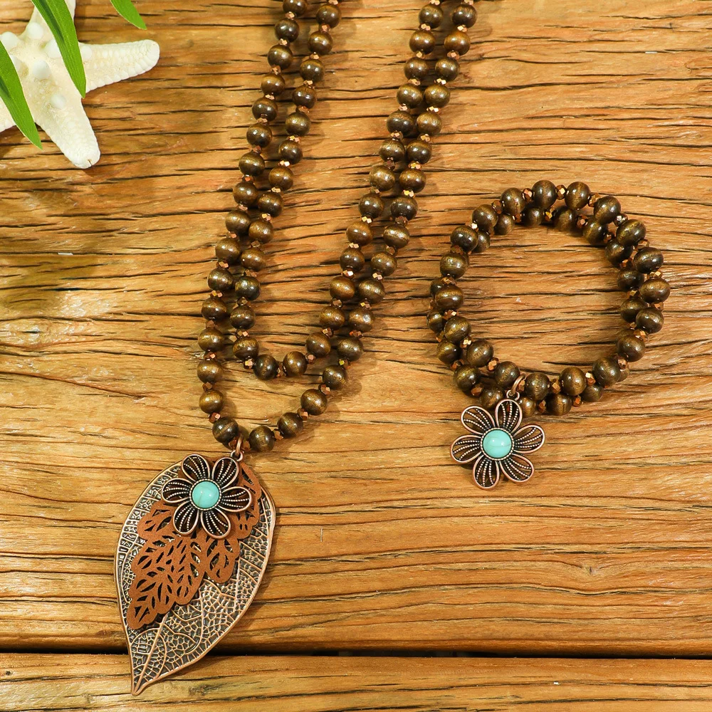 3pcs Boho Turquoise Flowers Wooden Bead Necklace Bracelet Women's Charm Leaf Pendant Long Necklace Jewelry Accessories Gift