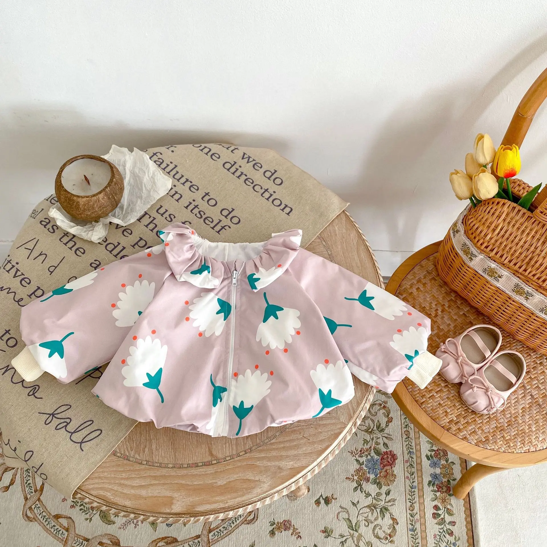 Spring 0-3 Year Old Baby Girl's Versatile Baby Clothing, Tulip Print Flower Bud Windproof and Trendy Style, Personalized Small F
