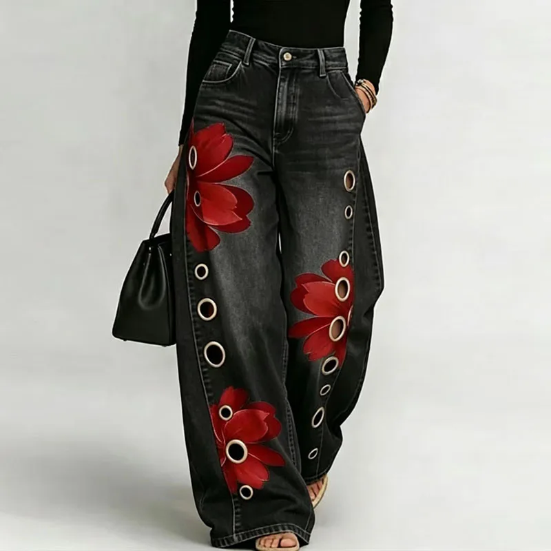 Women Faux Denim Wide Leg Pants High Waist Floral Print Eyelet Hole Decor Loose Baggy Trousers Vintage Street Fashion Long Pants