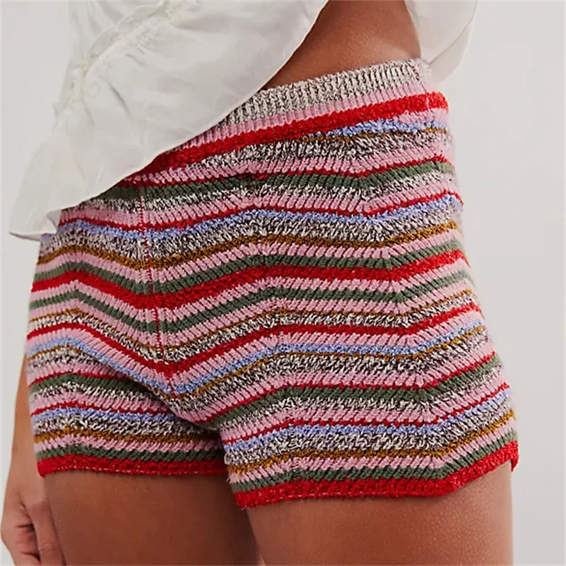 Y2k Fairy Women's Knitted Brief Shorts Colorful Wave Striped Slim Fit Shorts Low Waist Micro Shorts 2024 Fall Loungewear