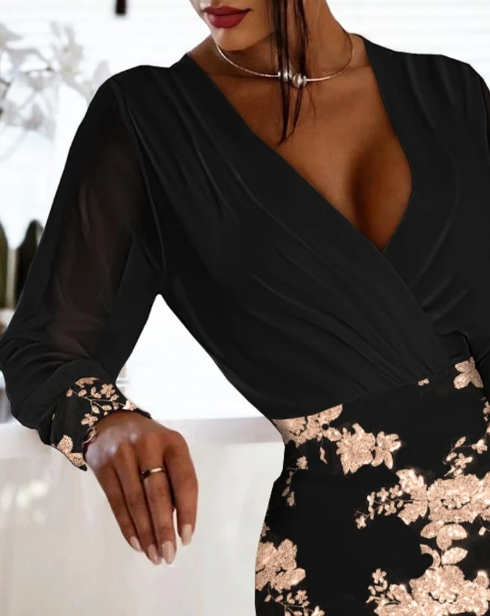 Women Elegant Floral Sequin Patchwork Overlap Party Dress Temperament Commuting Female New Fashion Long Sleeve Skinny Dresses