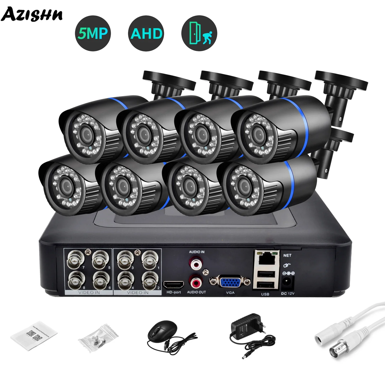 AZISHN H.265X 8CH 5MP Video AHD Camera System 2/4/6/8 PCS Outdoor AI Motion Detection HD 5.0MP AHD Cameras Home Security Kit