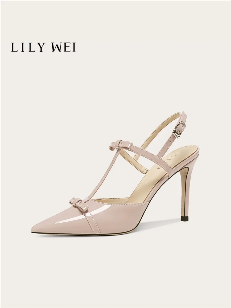 Summer pointed patent leather bow fine strap small size sandals banquet large size widened version slim high-heeled women's shoe