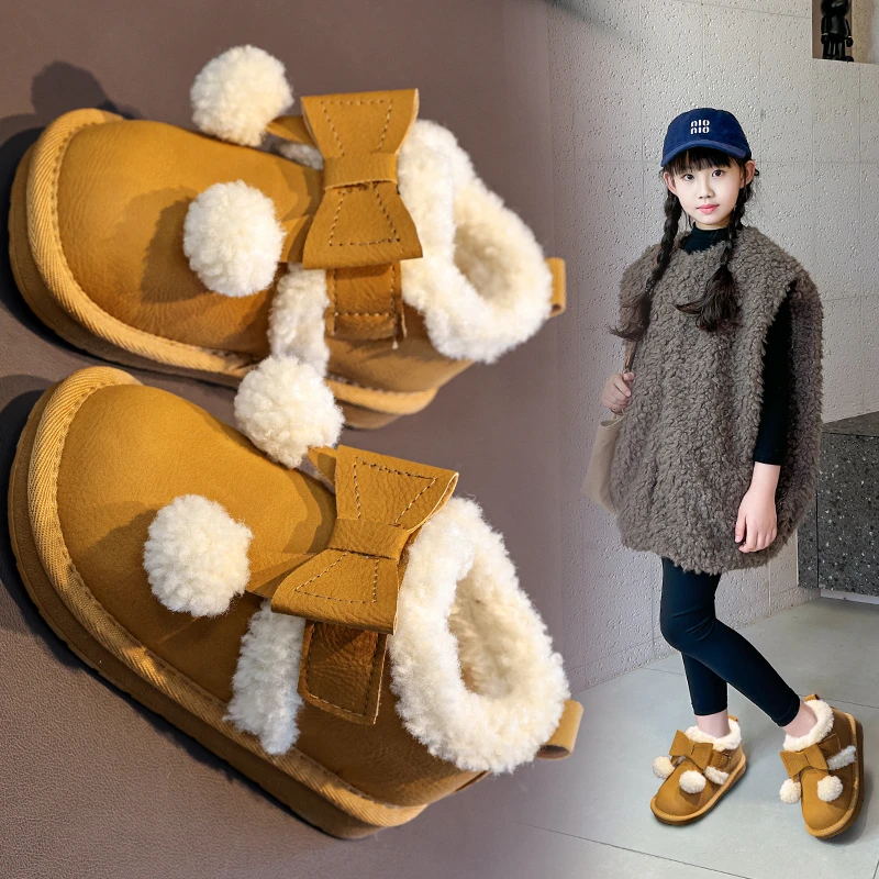 الأطفال طفل الثلوج الأحذية 2-16 سنة الأصفر القوس شعري الفتيات أحذية قطنية بني داكن مائة المضادة للانزلاق الاطفال أحذية بوت قصيرة #3