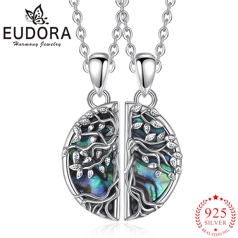 Eudora 925 Sterling Silver Tree of Life Abalone Shell Necklace Best Friends Necklace for 2 Pcs/ Set Fine Jewelry Gift for Sister