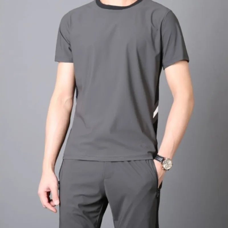 

Summer High End Men's Silky Soft Q Elastic Ultra Thin Quick Dry Ice Silk Two Piece Casual Sports Suit Trendy