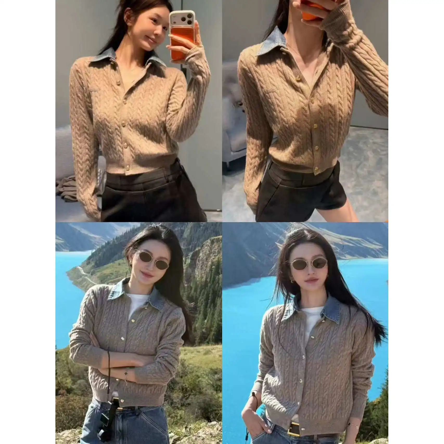 2026 Early Autumn College Wind Twist Woven Detachable Denim Polo Collar Single Breasted Knitted Cardigan Top For Women