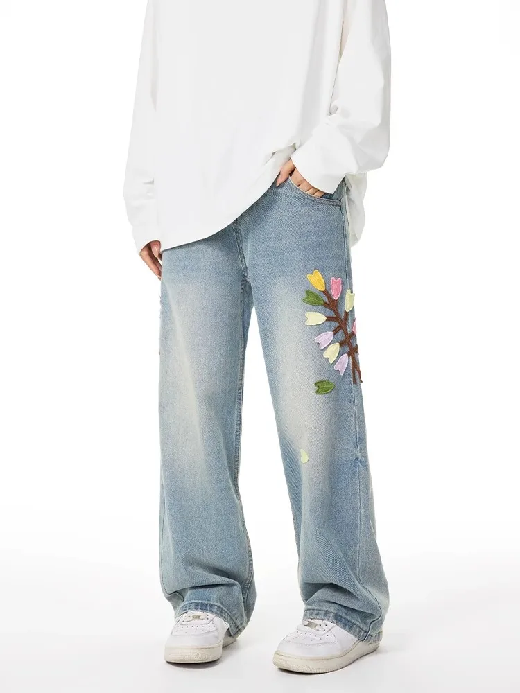 Vintage Floral Embroidery High Waist High Street Blue Straight Jeans Pants Fashion Women's Wide Leg Baggy Denim Trouser Y2K