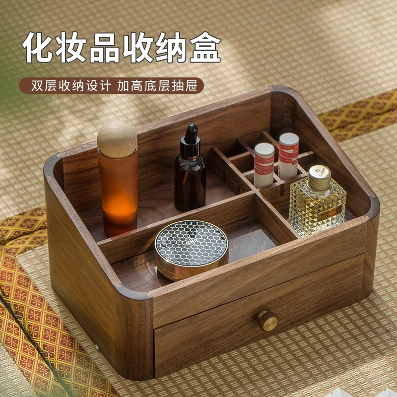 

Solid Wood Black Walnut Cosmetic Storage Organizer – Dressing Table Cabinet with Drawers & Display Rack