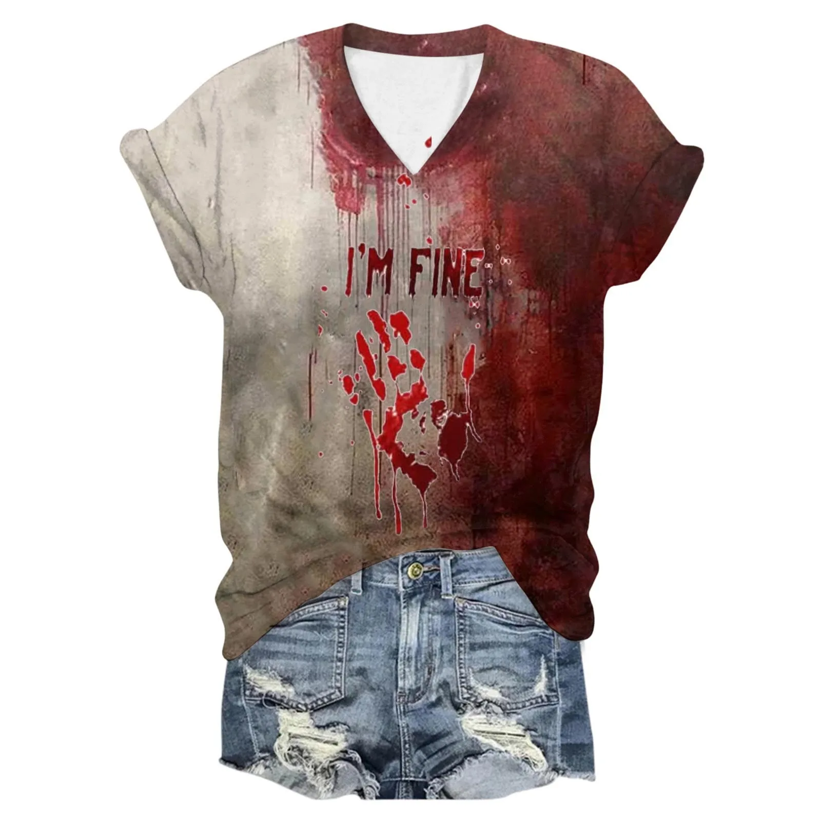 Handprints I Am Ok Blutige Schrift T-Shirt Halloween V-Neck Print Short Sleeve T-Shirt Holiday Party Distressed Bloody T-Shirt