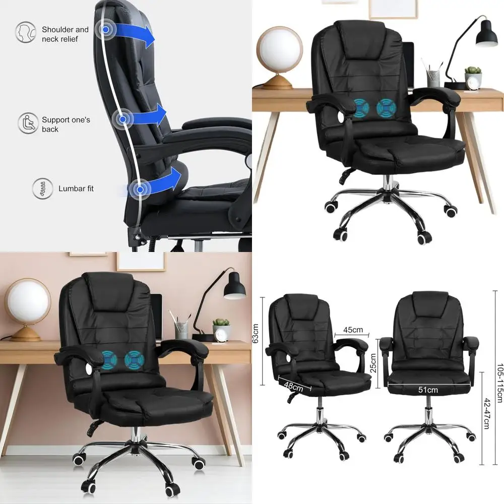 

Ergonomic Adjustable Mid-Back Faux Leather Swivel Chair with Massage, Armrests, and Wheels for Home Office (Black)