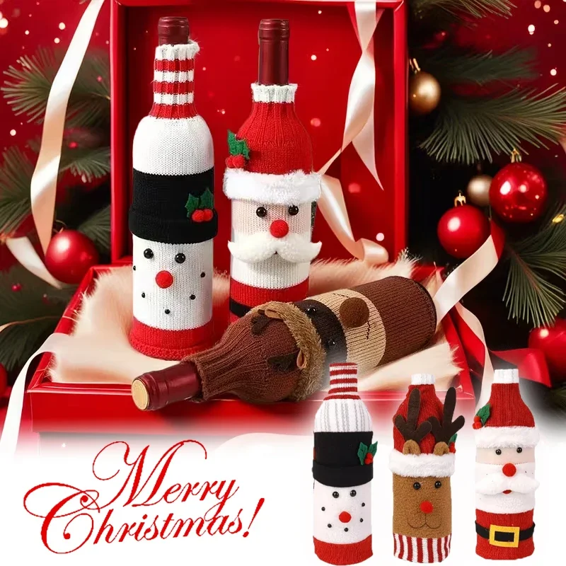عيد الميلاد غطاء زجاجة النبيذ مجموعة سانتا كلوز ثلج محبوك الصوف أكياس زجاجة النبيذ الأحمر للعام الجديد عيد الميلاد حفلة عشاء ديكور للطاولات #2