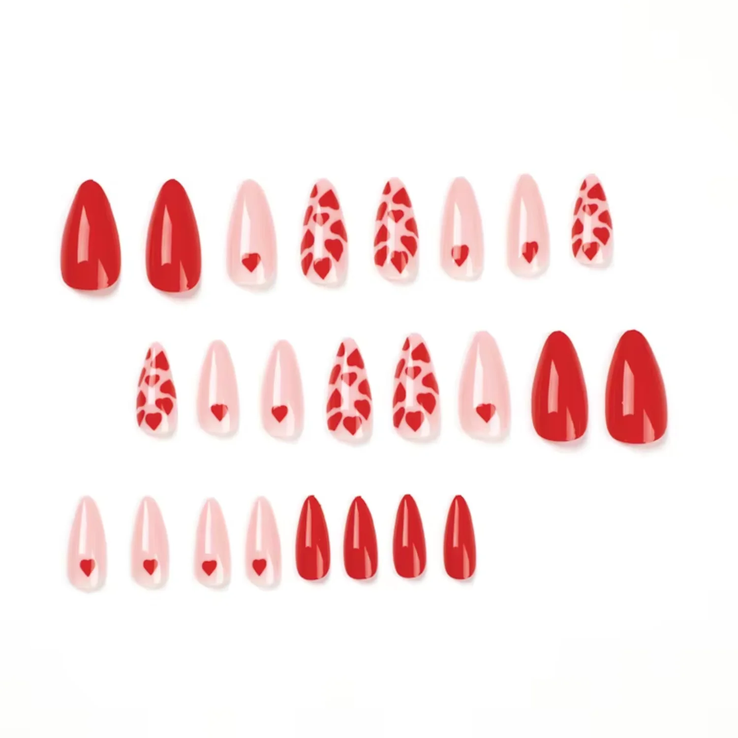 .Miemie Design 24-Piece ABS Reusable Artificial Nails Mid Oval with Red Spotted Heart-Shape Pattern for Finger Application