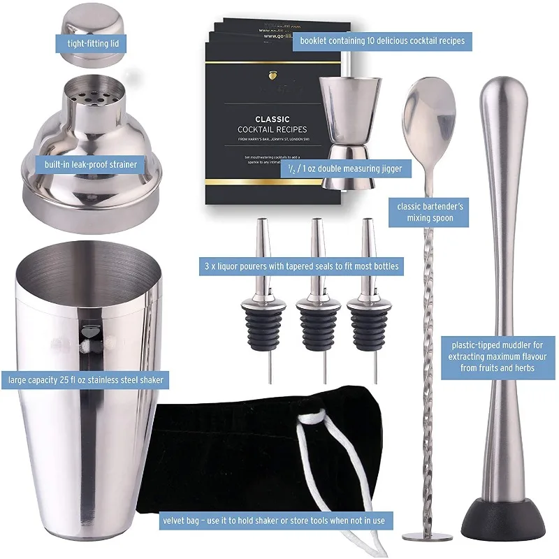 Factory Direct Hot Selling Barware Kit, 9Pcs 750ml Stainless Steel Boston Cocktail Shaker Essential DIY Mixology Tools For Home