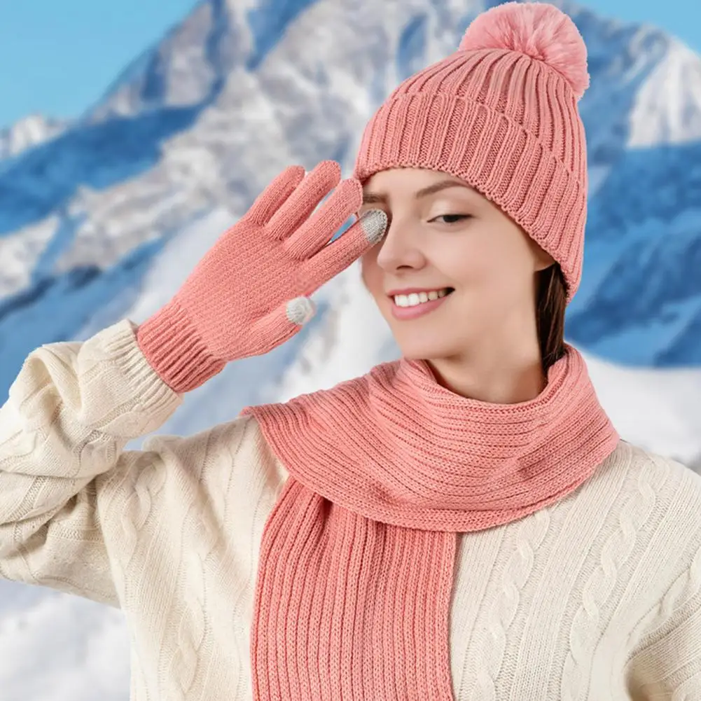 Elastic Warm Hat Set 3pcs Women Winter Hat Scarf Gloves Set Thickened Knitted Brimless Long Warm Scarf Elastic Cozy for Weather