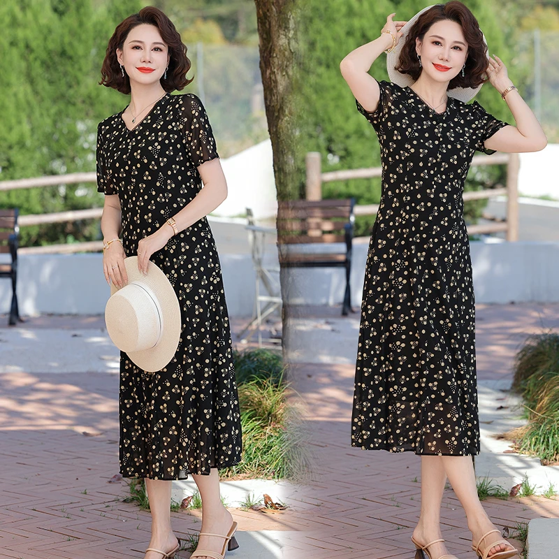 ผู้หญิงดอกไม้พิมพ์ชุดชีฟอง V คอ Elegant Office A-Line Fairy Dresses Chic ผู้หญิง Party Vestido