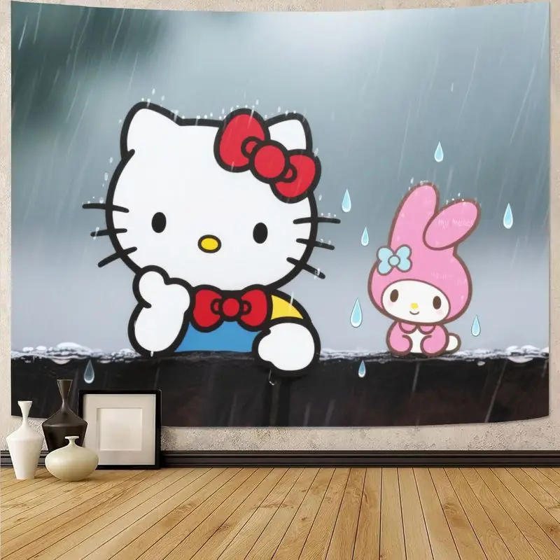 

1 шт. Sanrio Hello Kitty & My Melody гобелен на День дождливого дня, кавайные настенные рисунки из полиэстера для девочек, декор для спальни, гостиной, подарок